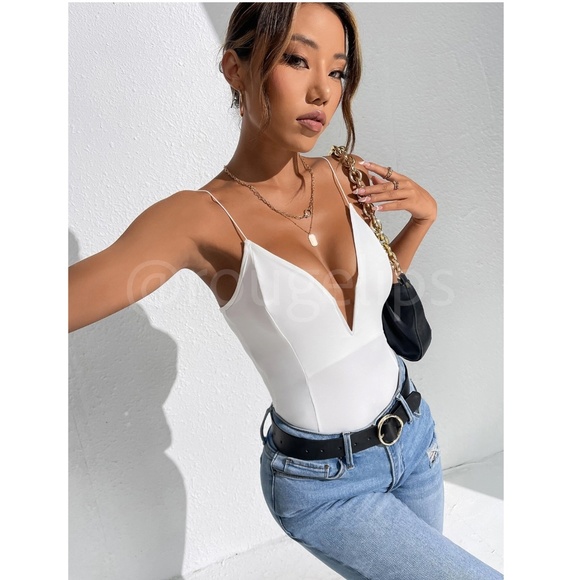 Plunging V Neck White Slim Fit Cami Bodysuit Stretchy - Picture 4 of 11